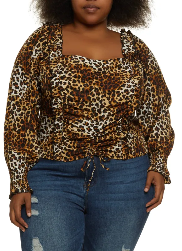 Animal Print Ruched Front Puff Sleeve Blouse sold by Rainbow