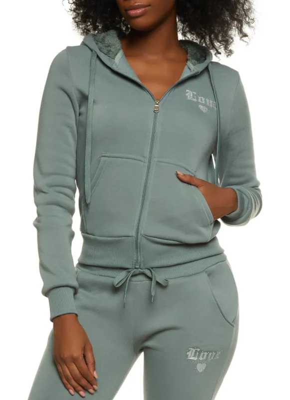 Love Rhinestone Zip Front Hoodie sold by Rainbow