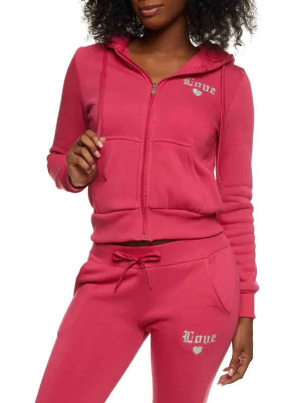 Love Rhinestone Zip Front Hoodie sold by Rainbow