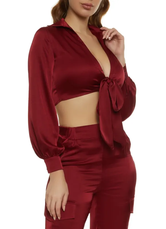Satin Collared Tie Front Crop Top sold by Rainbow