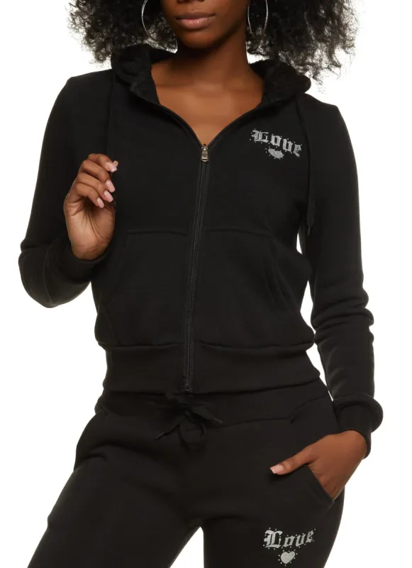 Love Rhinestone Zip Front Hoodie sold by Rainbow