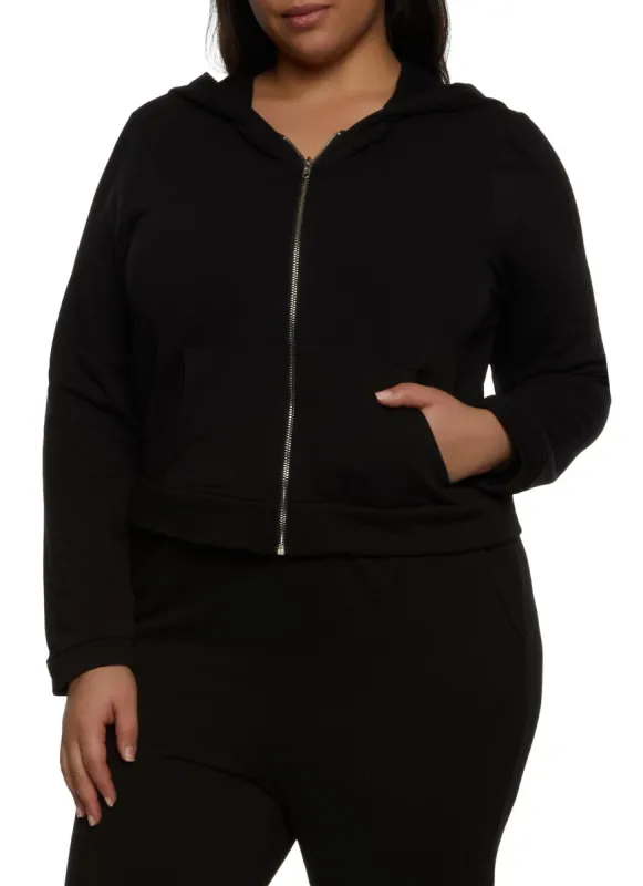 Plus Size Fleece Zip Front Cropped Hoodie sold by Rainbow