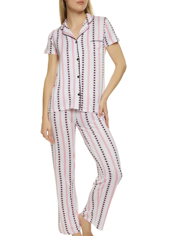 Striped Heart Print Notch Collar Pajama Shirt and Pants sold by Rainbow