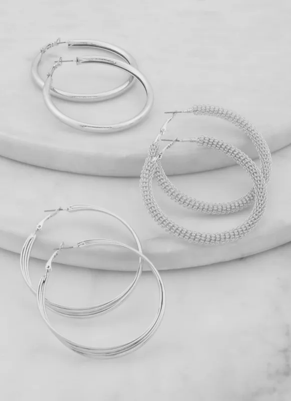 Textured Metallic Hoop Earrings Trio sold by Rainbow