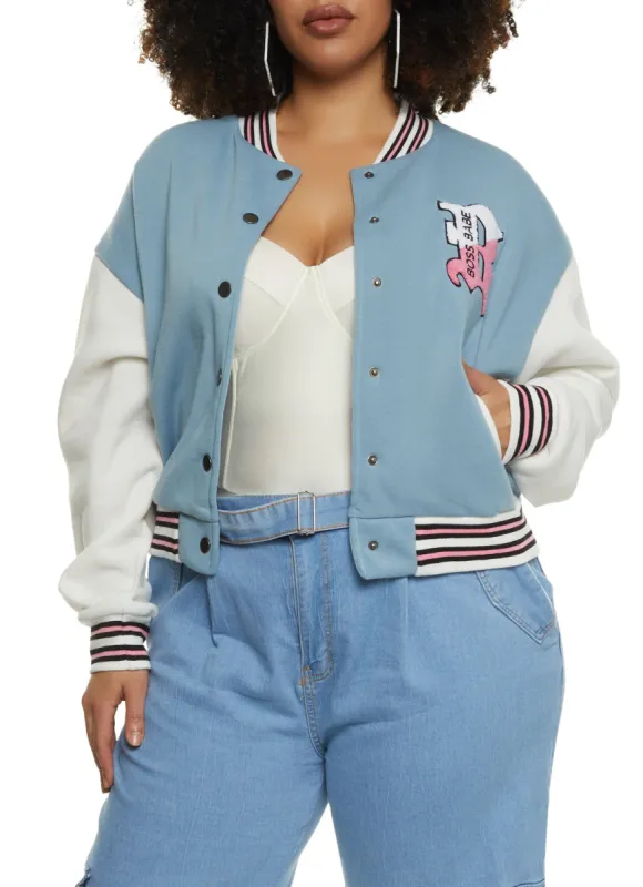 Plus Size Boss Babe Chenille Patch Varsity Jacket sold by Rainbow