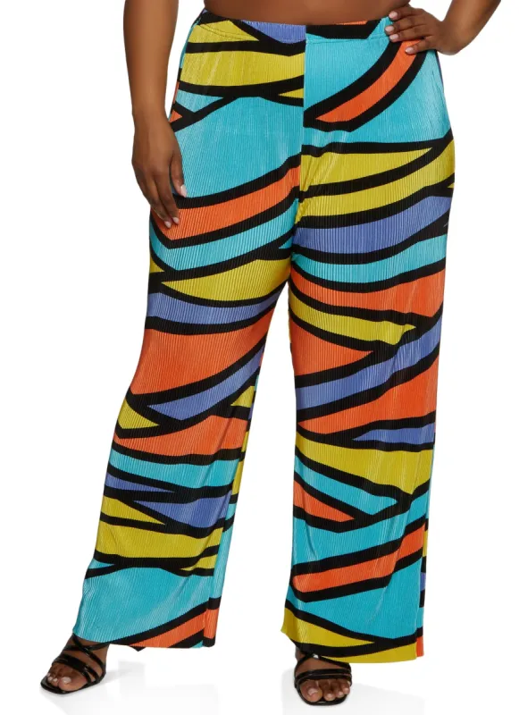Plus Size Plisse Printed Wide Leg Pants sold by Rainbow