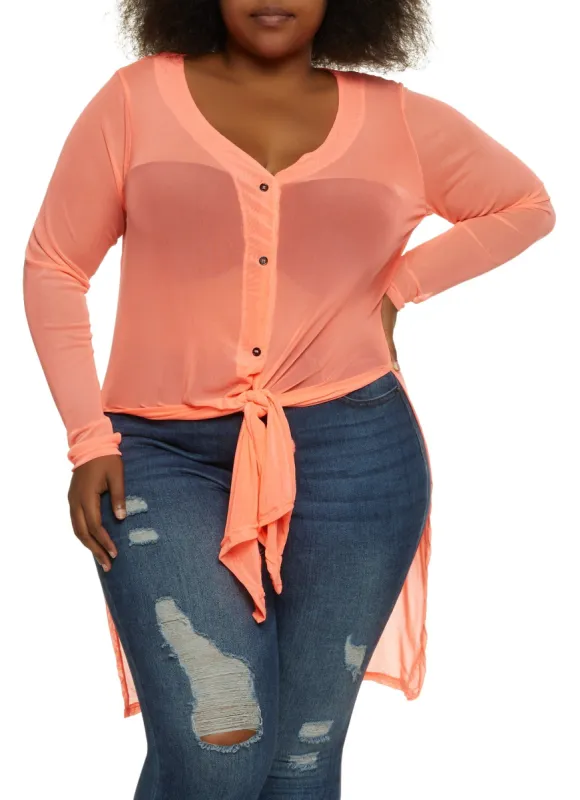 Plus Size Mesh Tie Front V Neck Shirt sold by Rainbow