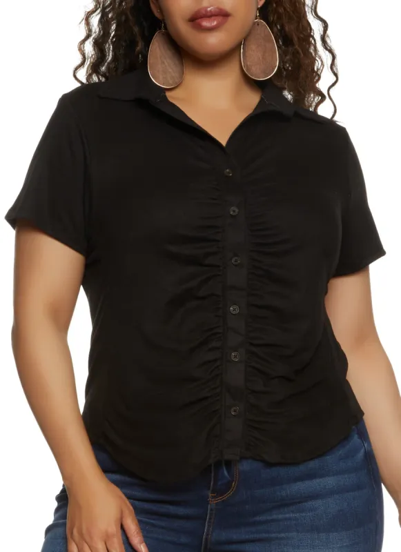 Plus Size Short Sleeve Ruched Button Down Top sold by Rainbow