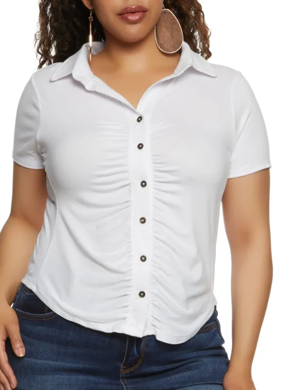 Plus Size Short Sleeve Ruched Button Down Top sold by Rainbow