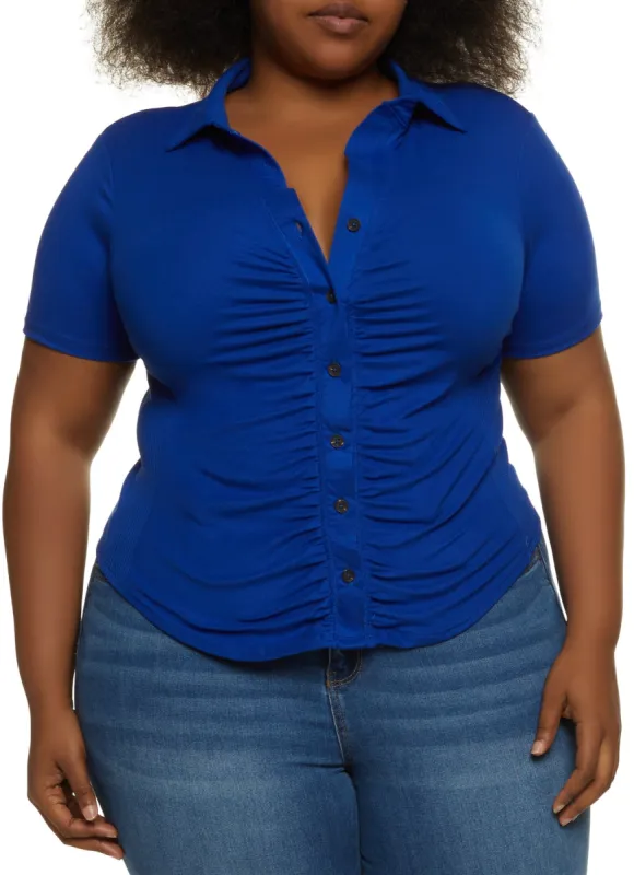 Plus Size Short Sleeve Ruched Button Down Top sold by Rainbow