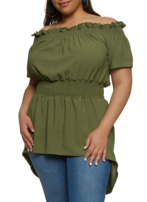 Plus Size Off the Shoulder High Low Smocked Peasant Top sold by Rainbow