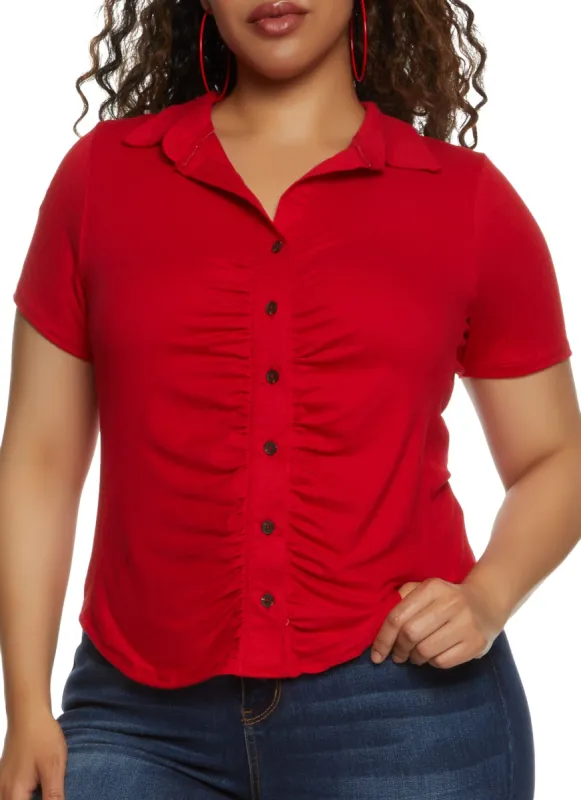 Plus Size Short Sleeve Ruched Button Down Top sold by Rainbow