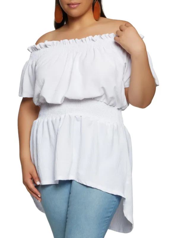 Plus Size Off the Shoulder High Low Smocked Peasant Top sold by Rainbow
