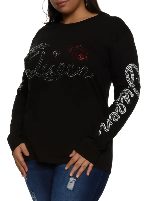 Plus Size Queen Long Sleeve Rhinestone Graphic Tee sold by Rainbow