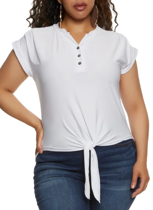 Plus Size Half Button Tie Front High Low Top sold by Rainbow