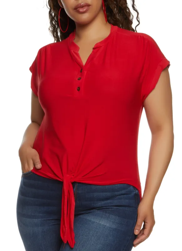 Plus Size Half Button Tie Front High Low Top sold by Rainbow