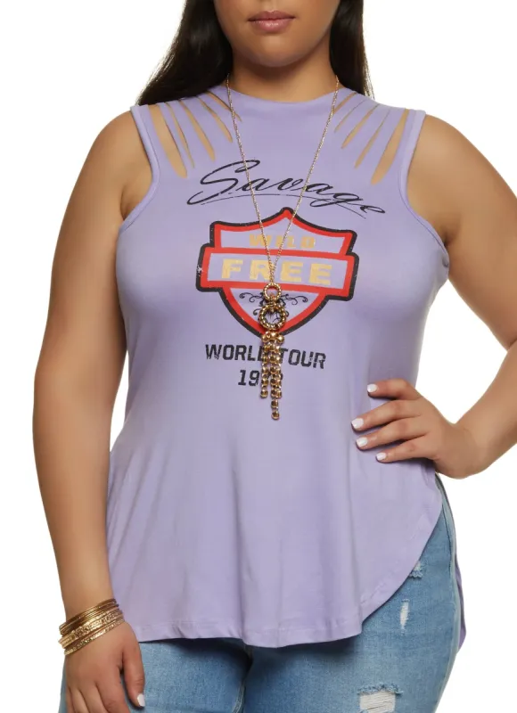 Plus Size Savage Wild Free Laser Cut Tank Top with Necklace sold by Rainbow