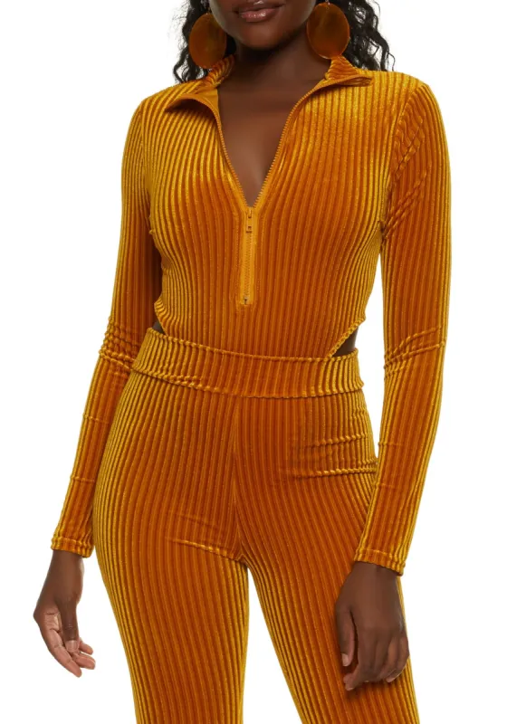 Velvet Burnout Half Zip High Cut Bodysuit sold by Rainbow