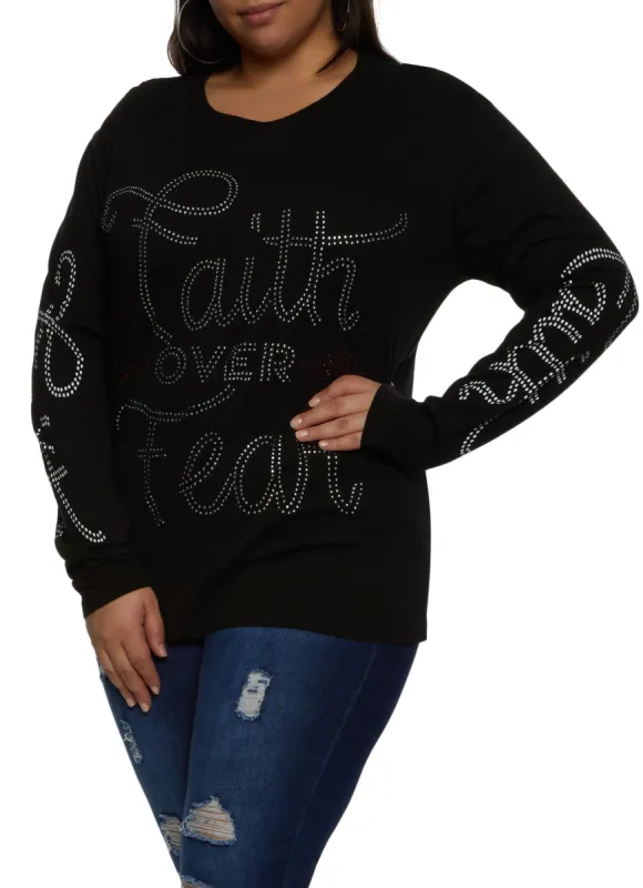 Plus Size Faith Over Fear Studded Graphic Tee sold by Rainbow