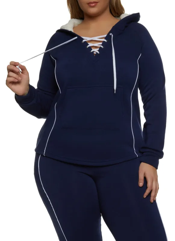 Plus Size Contrast Piping Hooded Lace Up Sweatshirt sold by Rainbow