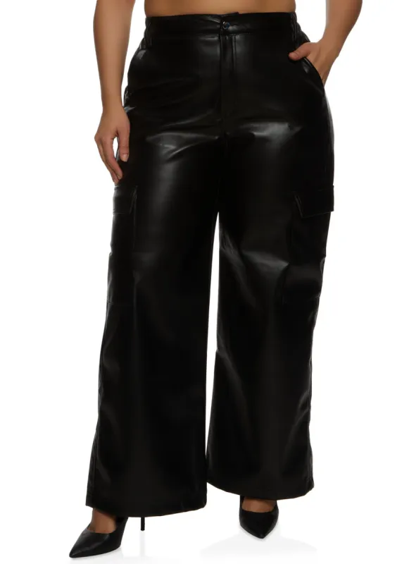 Plus Size Faux Leather Wide Leg Cargo Pants sold by Rainbow