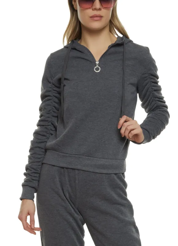 Ruched Sleeve Half Zip Hoodie sold by Rainbow