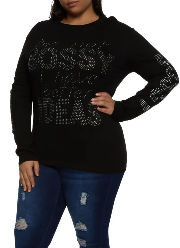 Plus Size Rhinestone Studded Bossy Long Sleeve Graphic Tee sold by Rainbow