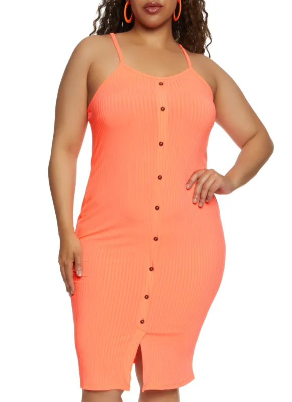 Plus Size Ribbed Button Detail Cami Dress sold by Rainbow