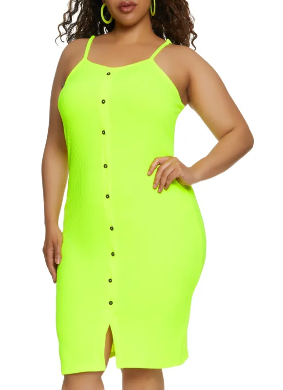 Plus Size Ribbed Button Detail Cami Dress sold by Rainbow