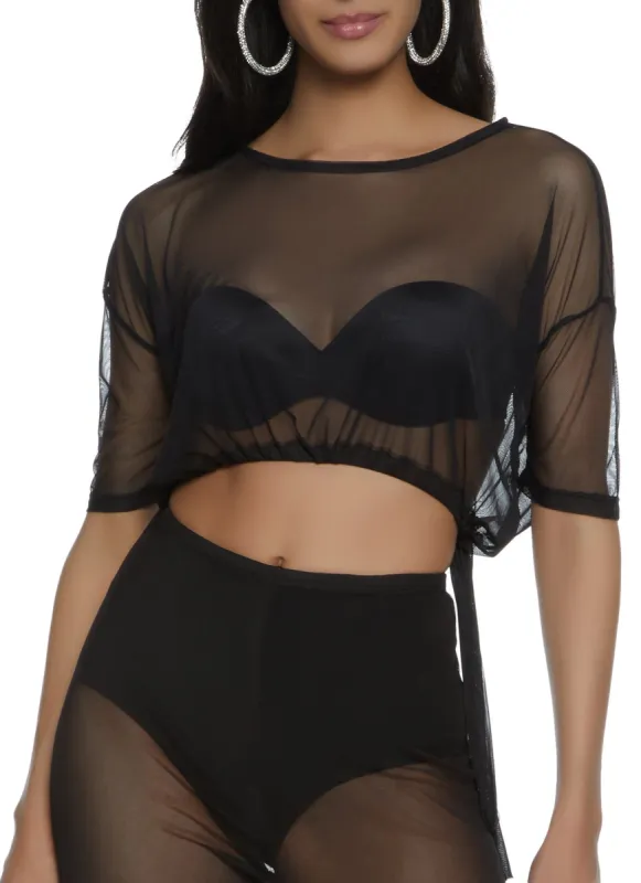 Mesh Drawstring Hem Crop Top sold by Rainbow