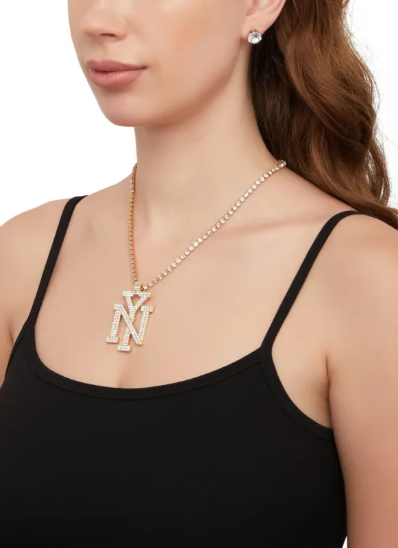 NY Rhinestone Tennis Necklace and Stud Earrings Set sold by Rainbow