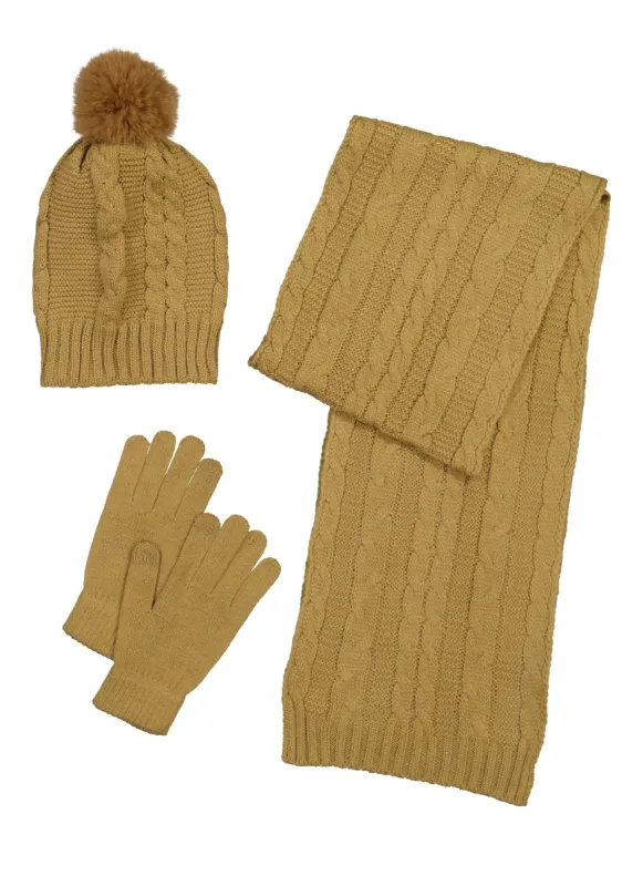 Cable Knit Scarf with Pom Pom Beanie and Gloves sold by Rainbow