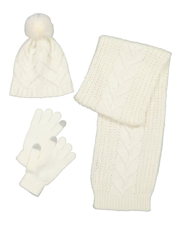 Cable Knit Pom Pom Beanie with Scarf and Gloves sold by Rainbow