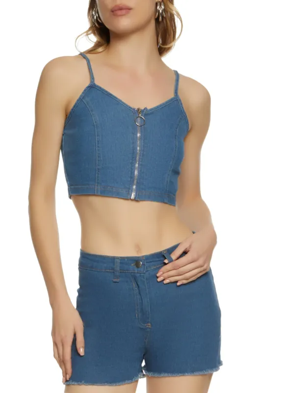 Denim Zip Up Crop Top and Shorts Set sold by Rainbow