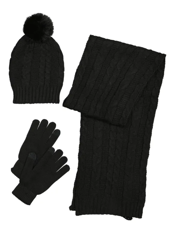 Cable Knit Scarf with Pom Pom Beanie and Gloves sold by Rainbow