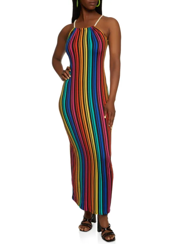 Rainbow Stripe Rope Strap Maxi Dress sold by Rainbow