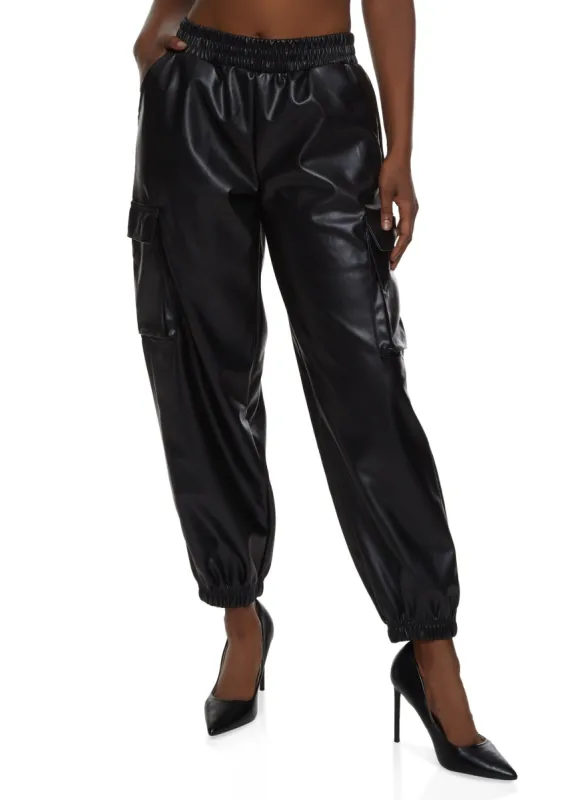Faux Leather High Waisted Cargo Pocket Joggers sold by Rainbow