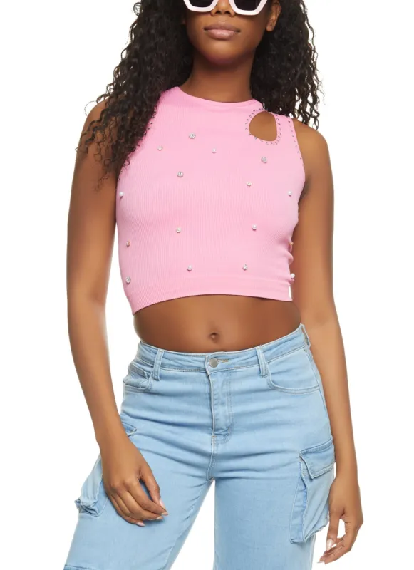 Ribbed Faux Pearl Rhinestone Keyhole Tank Top sold by Rainbow