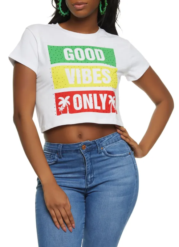 Good Vibes Only Rhinestone Cropped Graphic Tee sold by Rainbow