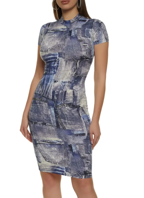 Printed Mock Neck Short Sleeve Midi Dress sold by Rainbow