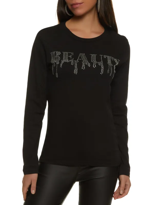 Long Sleeve Rhinestone Studded Beauty Graphic Tee sold by Rainbow