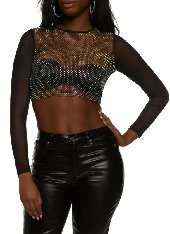 Rhinestone Fishnet Mesh Sleeve Crop Top sold by Rainbow