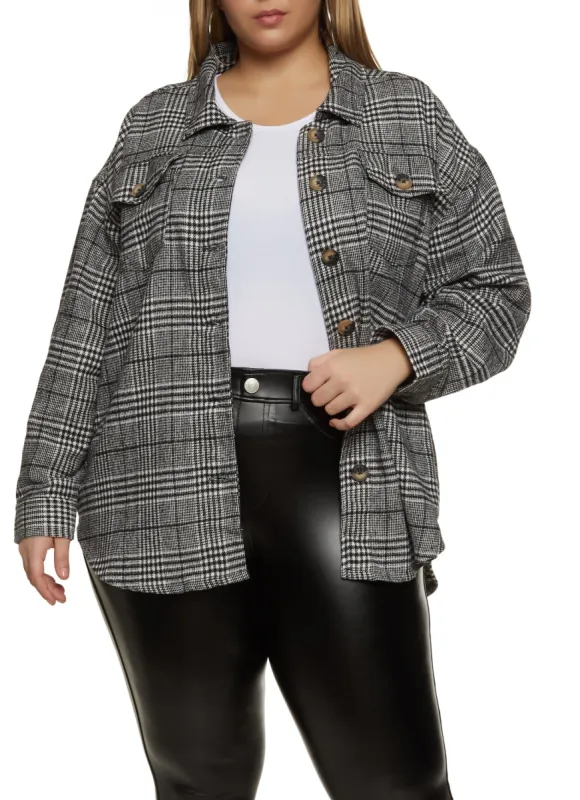 Plus Size Brushed Knit Plaid Button Front Shacket sold by Rainbow