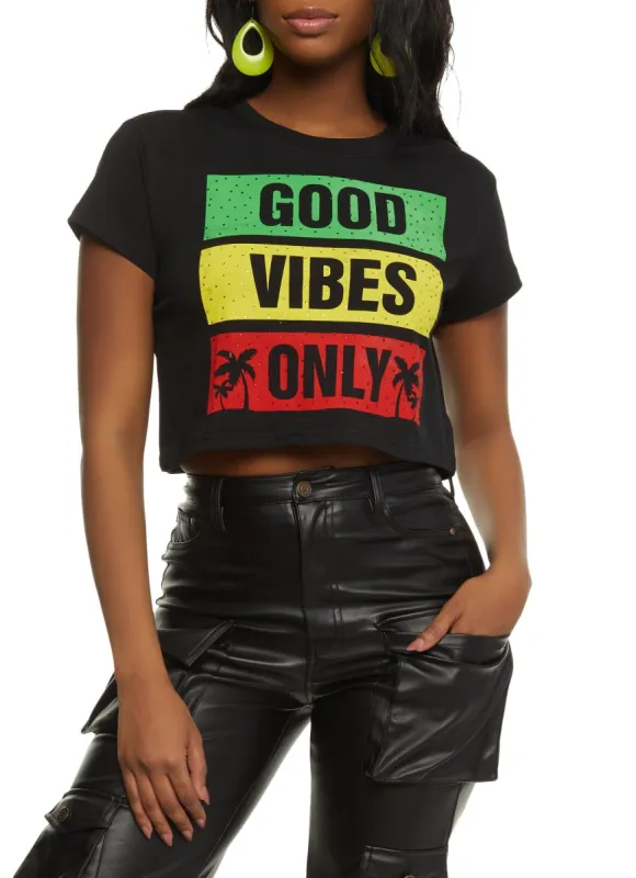 Good Vibes Only Rhinestone Cropped Graphic Tee sold by Rainbow
