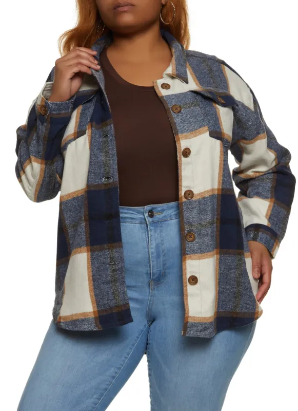 Plus Size Button Front Flannel Shirt sold by Rainbow