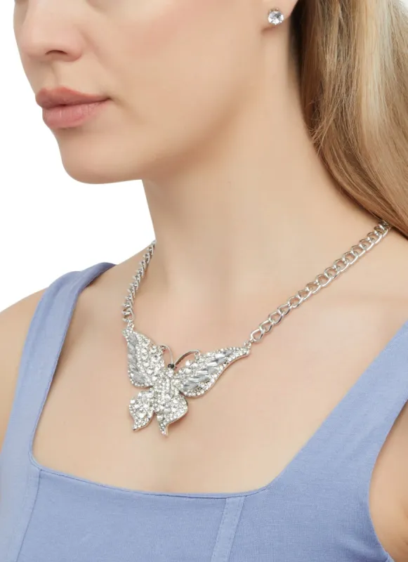 Rhinestone Butterfly Necklace and Stud Earrings sold by Rainbow