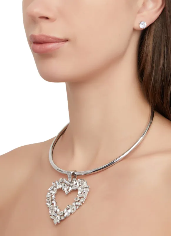 Cubic Zirconia Heart Collar Necklace with Stud Earrings sold by Rainbow