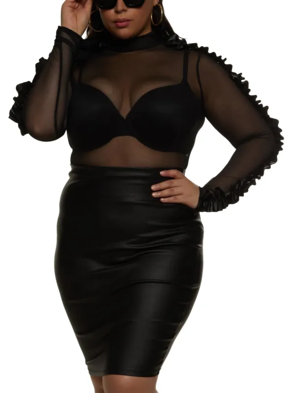 Plus Size Mesh Faux Leather Trim Long Sleeve Top sold by Rainbow