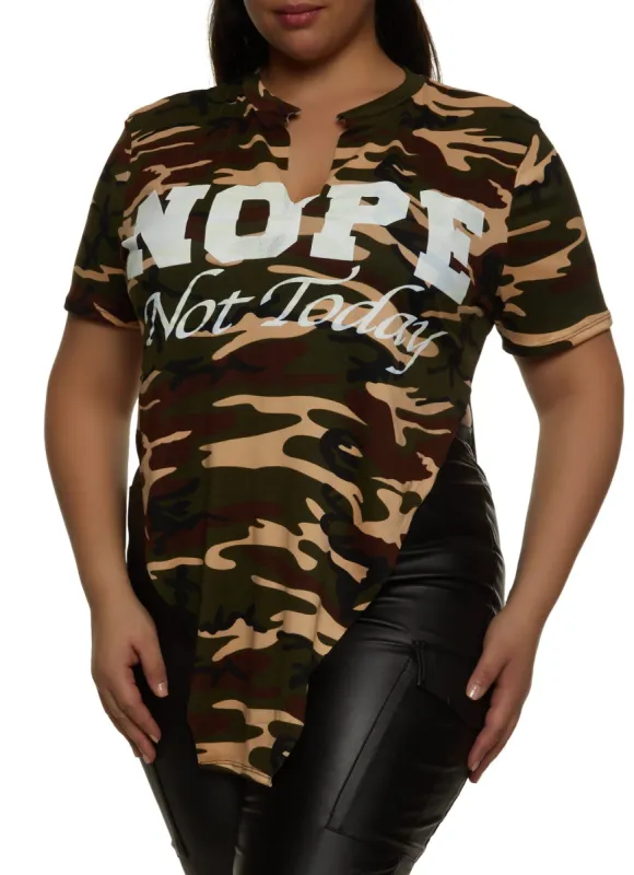 Plus Size Camo Nope Not Today Hanky Hem Graphic Tee sold by Rainbow