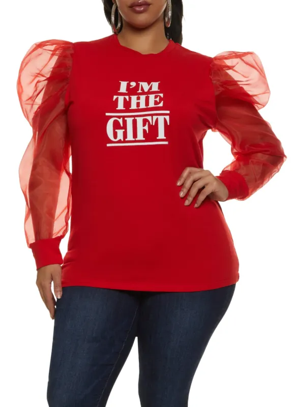 Plus Size Organza Sleeve The Gift Graphic Top sold by Rainbow